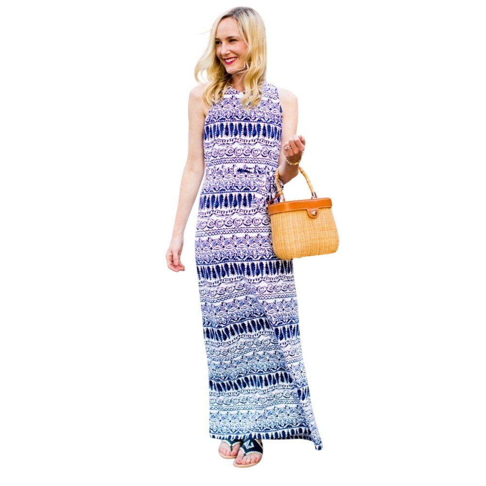 J McLaughlin Blue White Print Sleeveless Maxi Dress Belted Size M
